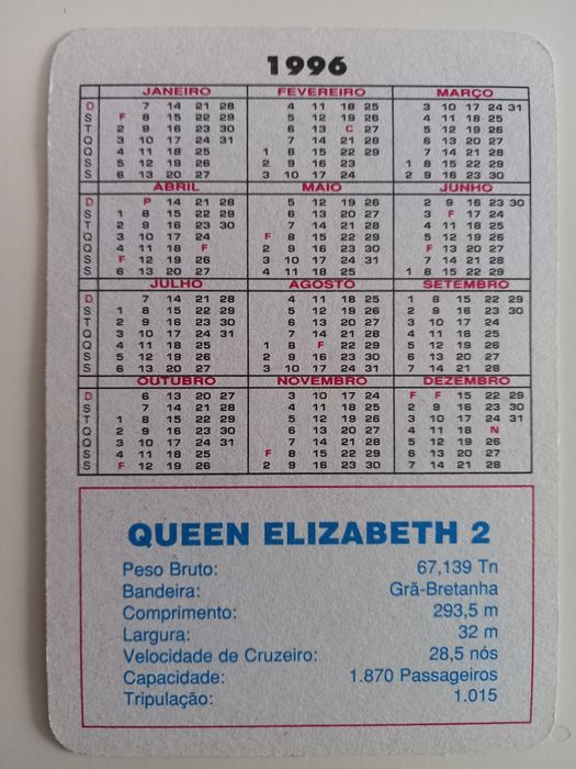 Coleção de 12 Calendários de bolso tema "Cruzeiros"