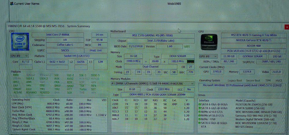 CORE I7-8086K 5Ghz, MSI RTX 4070 Ti Gaming X Trio White 12GB, 16GB