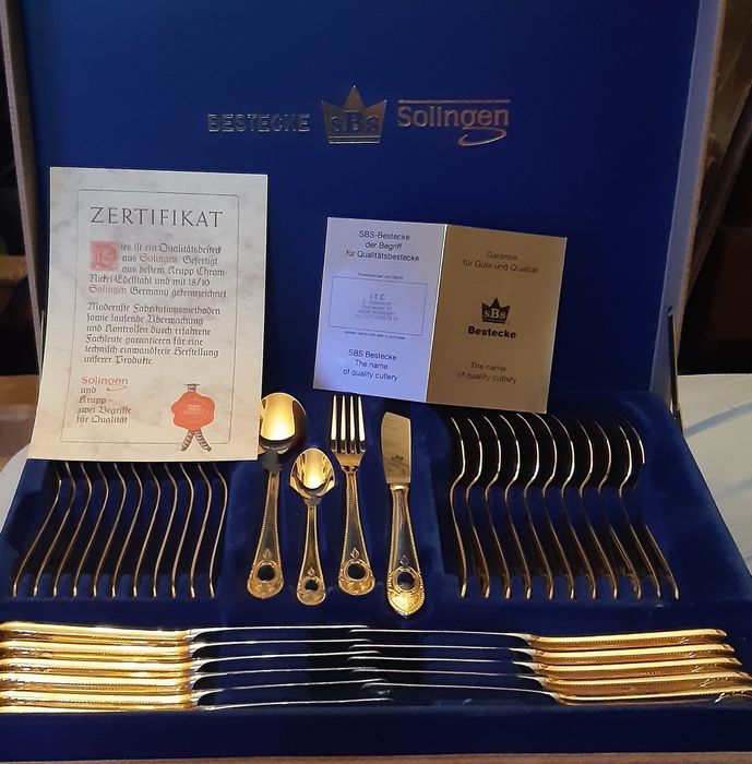 Sztućce SBS Solingen na 12 os złocone 23/24-karatowym złotem, inkrusto