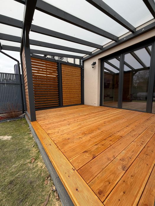 Zadaszenie tarasu z drewna • pergola • poliwęglan • blachodachówka