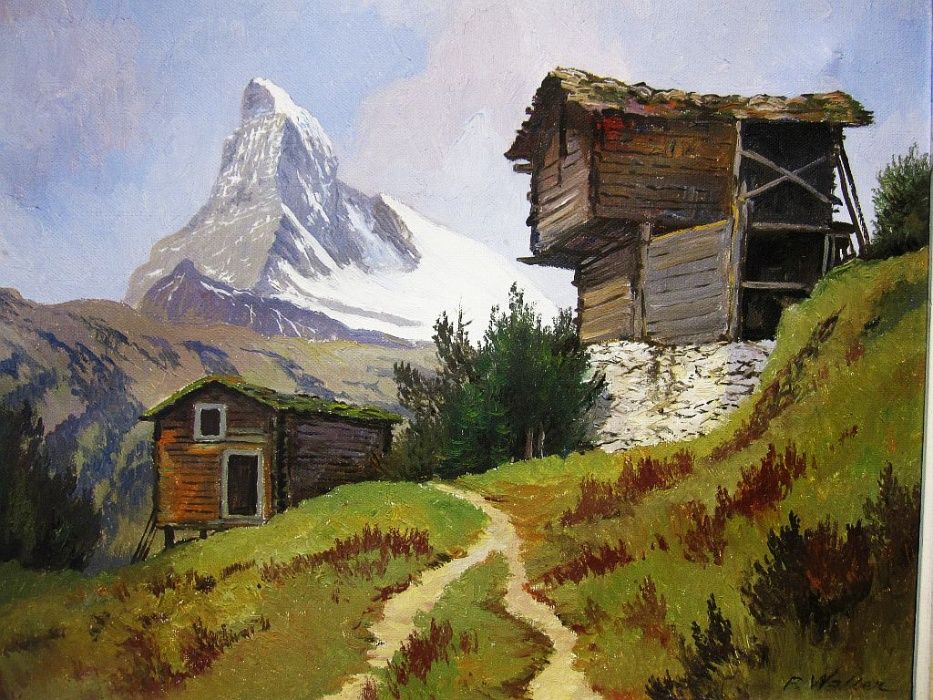 antiga pintura em óleo sobre tela - paisagem suíça - Matterhorn-