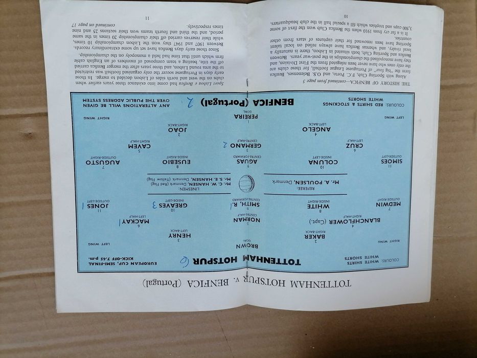 Programa Tottenham vs Benfica 1/2 Final 1962 c/EUSÉBIO e Equipa