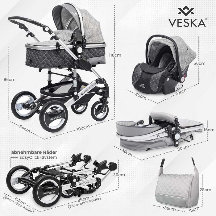 niemiecki wózek dziecięcy 3w1 gondola spacerówka fotelik veska de