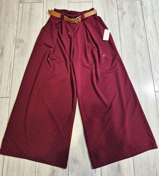 Bordowe spodnie wide leg kuloty moda italy bling bling viral