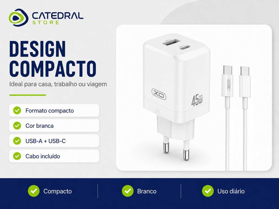 Carregador XO 45W GaN com Cabo USB-C – USB-C + USB-A – Novo