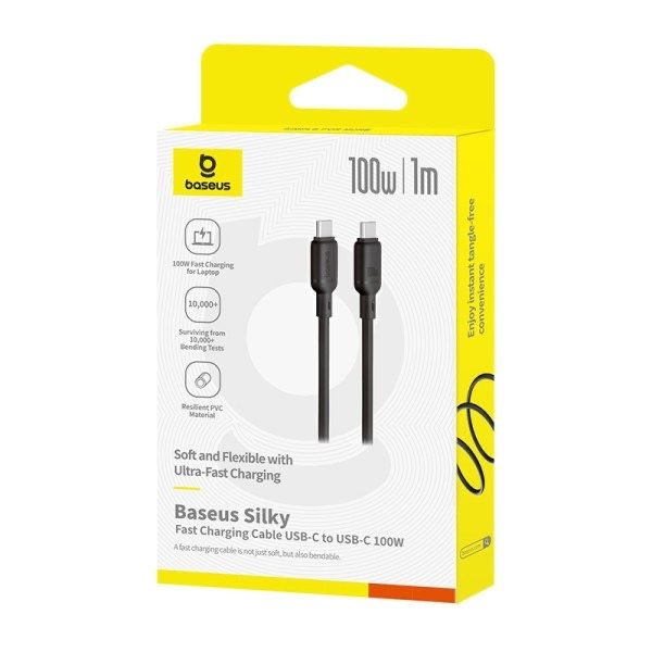 Оригінальний кабель Baseus Silky Series Type-C → Type-C 100W 5A 1м | PD Fast Charge | Для iPhone 15/16/17, Samsung, Xiaomi