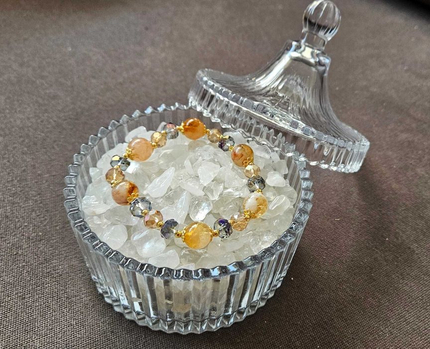 Pulseira de cristal amarelo natural e grãos de cristal austríaco