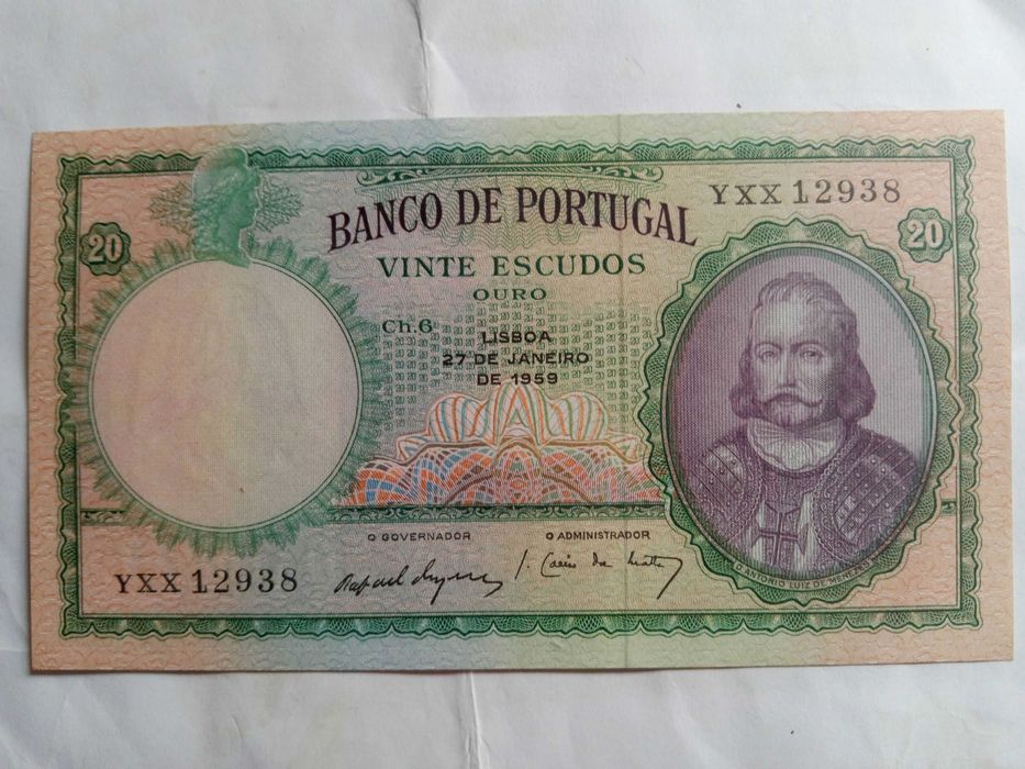 Nota 20 escudos Republica Portuguesa 1959.