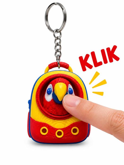 Plecaczkowi Przyjaciele. Czerwona papuga, kolorowy breloczek-kliker