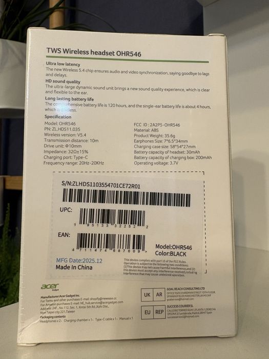 Бездротові навушники Acer OHR546 — нові ( білий , чорний кольори)