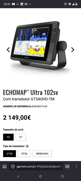 Plotter Garmin Echomap ultra 102 sv com transdutor64309853058561121