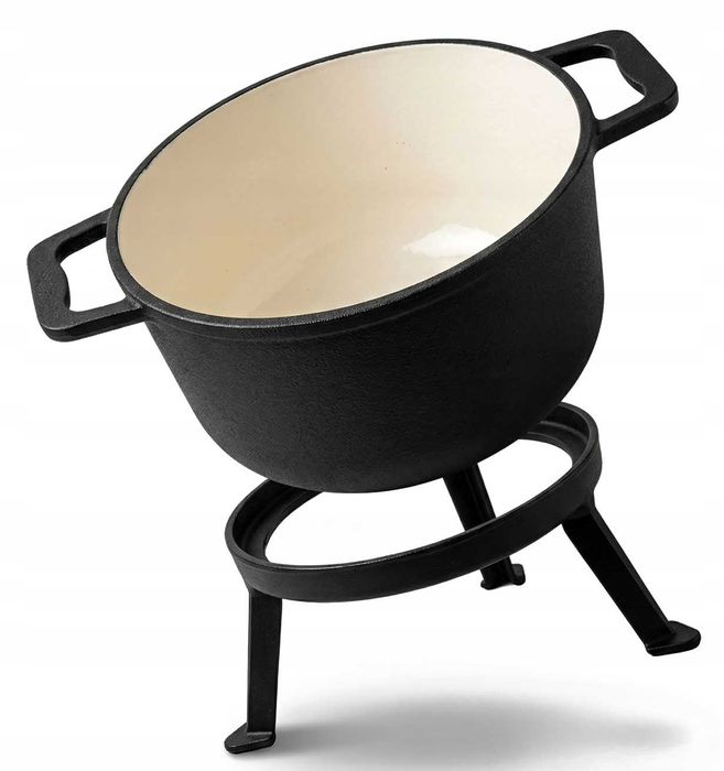 Kociołek Myśliwski Żeliwny Emaliowany 3w1 Garnek Patelnia Stojak 10l Grill