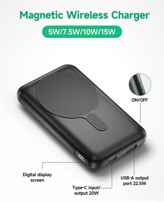 Магнітний павербанк Tnibition 12000 мАг, PD 22,5 Вт QC3.0, складний, б