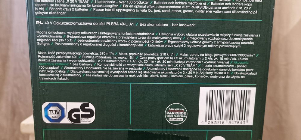 Akumulatorowa dmuchawa / odkurzacz do liści Parkside PLSBA 40-li A1