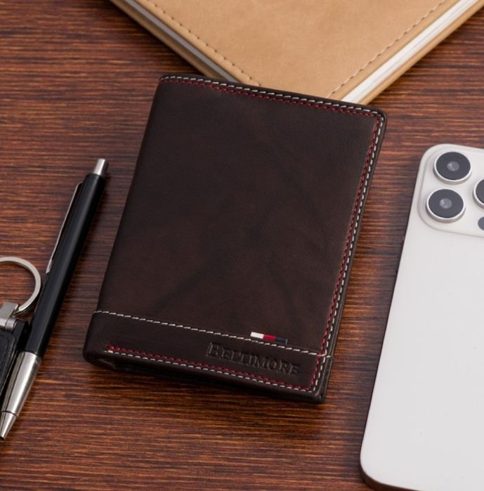 Męski portfel i brelok skórzany zestaw prezent serce brązowy skóra