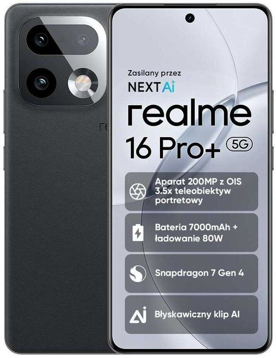 Smartfon realme 16 Pro+ 5G 12/512GB Grey 7000 mAh + folia hydrożelowa