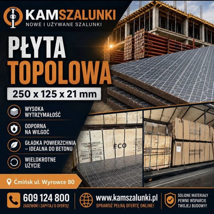Płyta Topolowa czarna Sklejka szalunkowa czarna stemple budowlane metalowe Podpory Stropowe STEMPLE UŻYWANE  szalunki budowlane Dźwigary H20