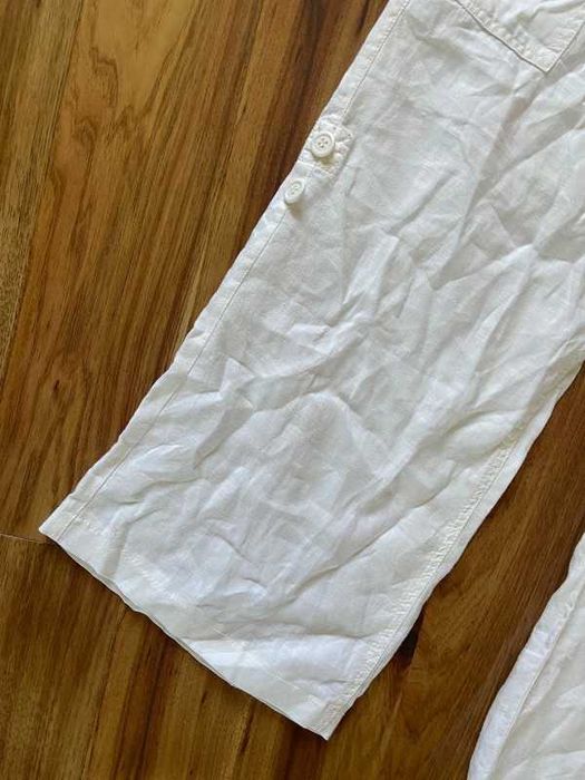 Len linien organic dzwony szwedy biale spodnie proste 7/8 kuloty