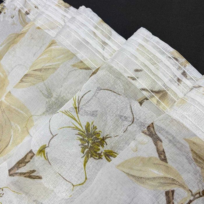 Готовий тюль Magnolia біло-бежевий з квітами батист під льон на тасьмі 150–600 см (YH85-9)