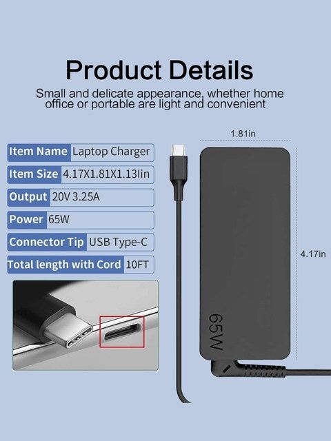 Transformador Alimentação Portátil USB C 65W 20V 3.25A