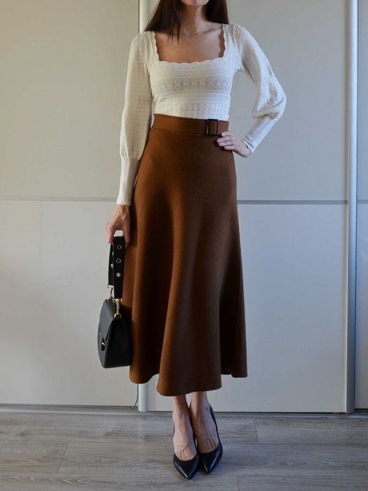 Massimo Dutti długa brązowa dzianinowa spódnica z paskiem 34 XS