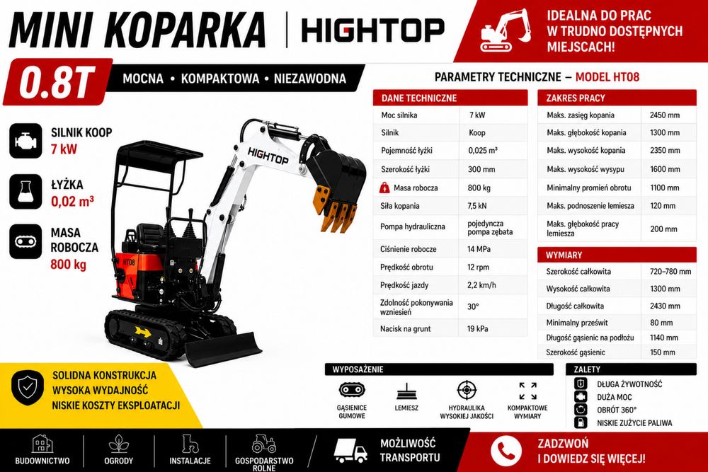 Mini koparka Hightop gąsiennicowa dostawa jutro 0.8t posiadam tez inne koparki 0.6t 1t 1.6t 1.8t 2t 2.5t itd cena na export w kraju +23% vat gwarancja