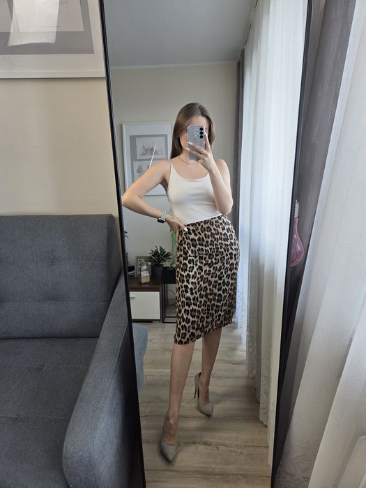 Nowa spódnica za kolano wysoki stan Mango XS panterka leopard gepard