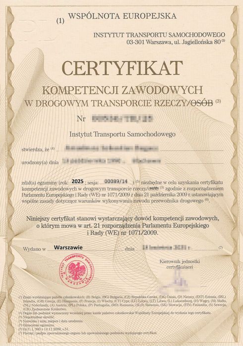 Certyfikat Kompetencji Zawodowych w transporcie rzeczy, zadania, testy