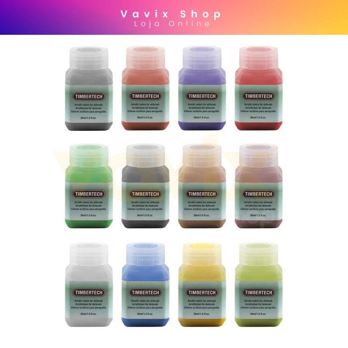 Tintas Acrílicas Coloridas para Aerógrafo - 12 x 30 ml - Promoção