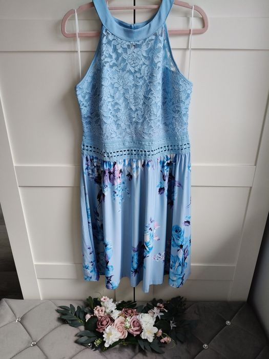 Nowa błękitna sukienka koronkowa w kwiaty styl Boho R.40/42