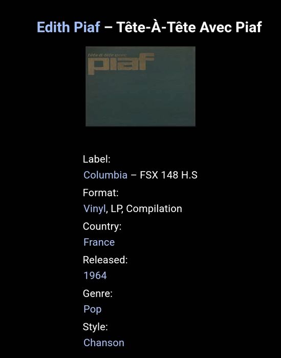 Disco de vinil  , tete a tete avec Piaf