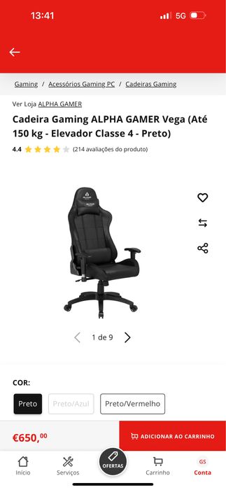 Cadeira Gaming ALPHA GAMER Vega (Até 150 kg - Elevador Classe 4 - Preto)