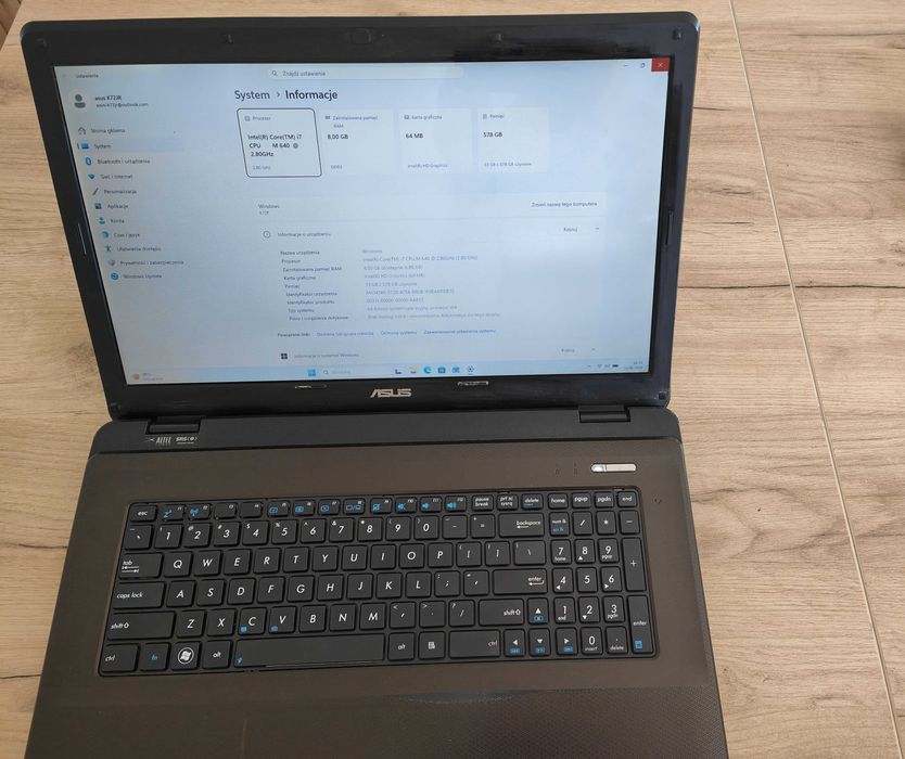 ASUS K72JR 17,3" | Intel Core i7 M640 | 8 GB RAM | SSD Kingston HyperX 128 GB + HDD WD 500 GB | Windows 11