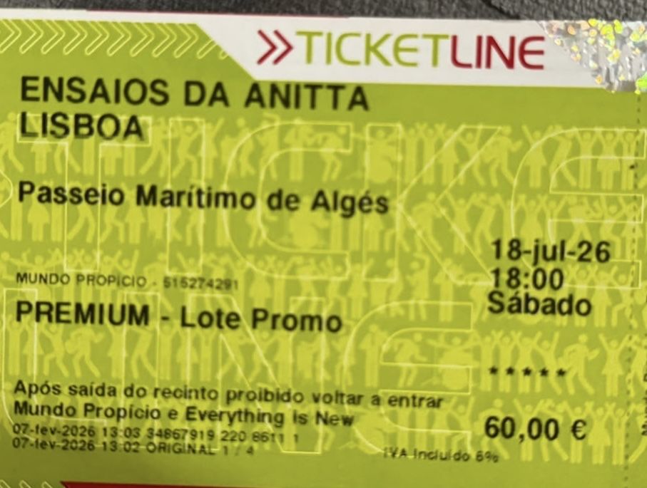 Bilhete Ensaios da Anitta 18/07 - 60€