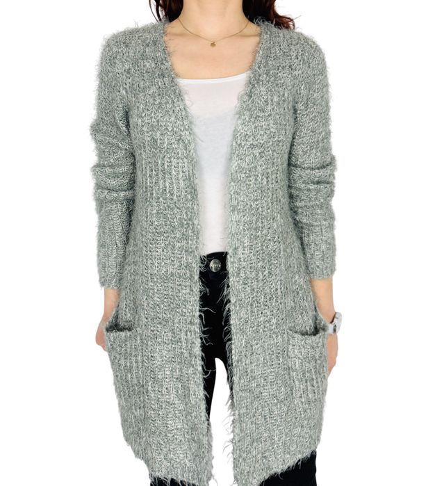 Szary włochaty kardigan z kieszeniami M 38