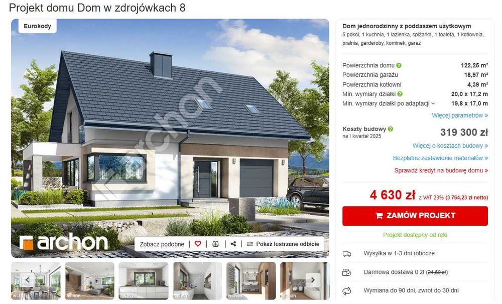 OKAZJA! Projekt domu, Dom w zdrojówkach 8 ARCHON 5 pokoi około 120 m2