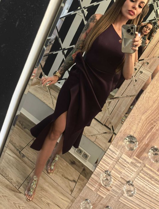 Asos piękna midi  śliwkowa pianka 34 XS impreza wesele sylwester