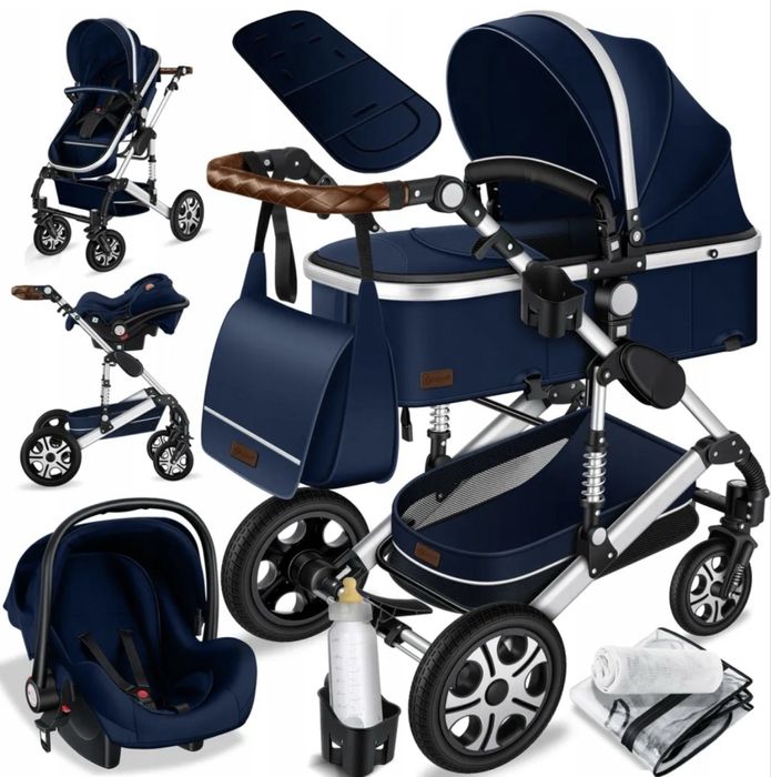 Wózek dla dzieci 3 w 1 gondola spacerówka fotelik samochodowy granat