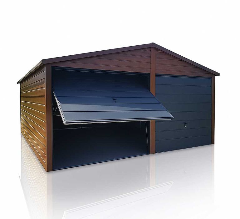 Garaż blaszany dwustanowiskowy 6x5m złoty dąb + ciemny grafit PREMIUM