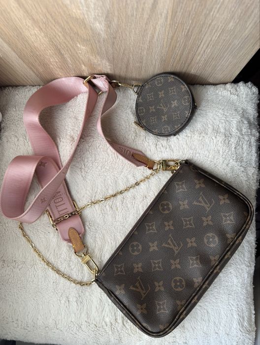 Mala multipochette monogram castanho e rosa