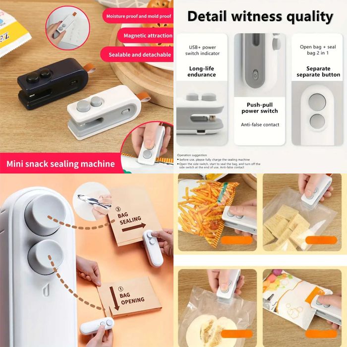 Seladoras de sacos mini. Dois modelos. A pilhas ou USB. Novas.