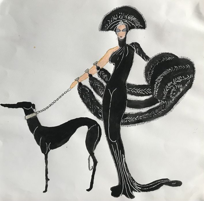 Obraz vintage art deco Dama z chartem