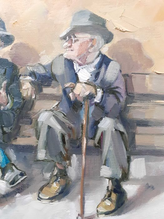 Na ławce. Obraz olejny na płótnie. 40 X 50 cm  G.Rodziewicz