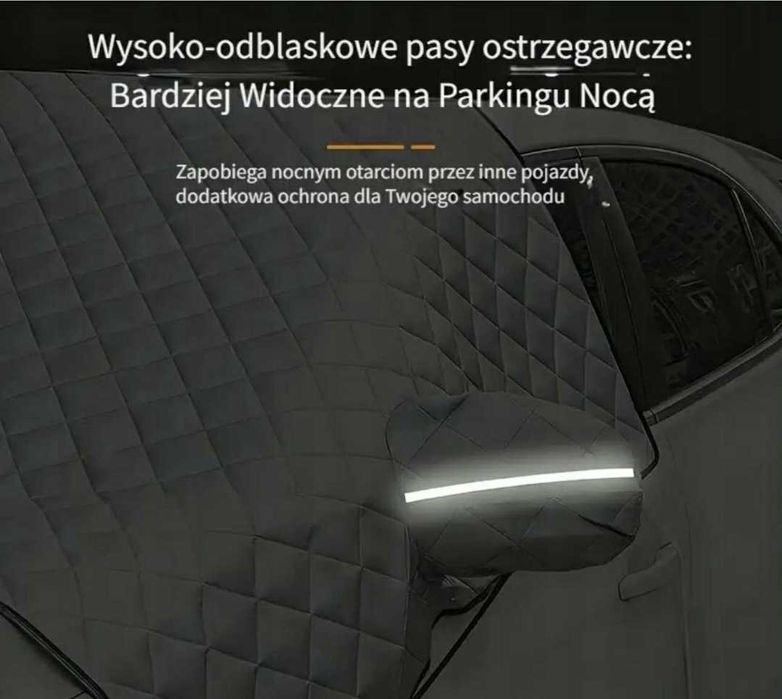 Mata antyszronowa, osłona na szybę samochodową, zielone lusterka.