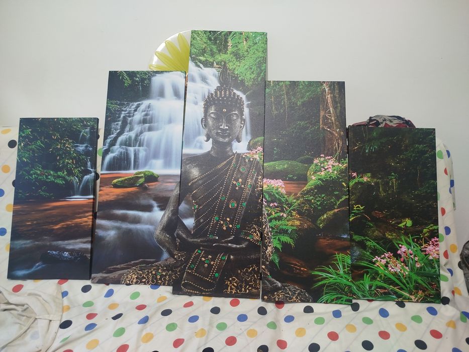 Conjunto de 5 Quadros Painel Buda e Cascata