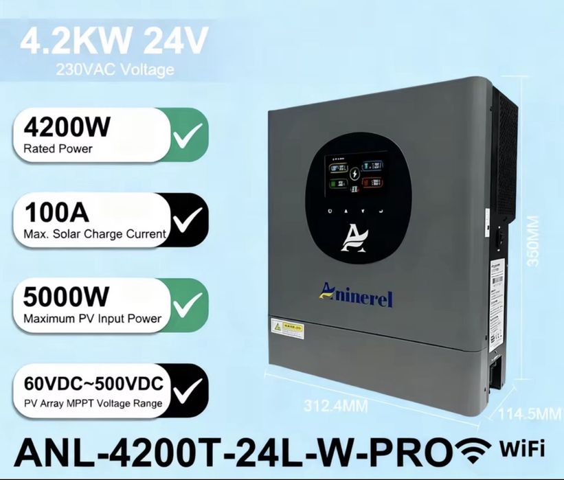 Наявність! Гібридний інвертор Aninerel ANL-4200T-24L-W-PRO, 24v, 4200w