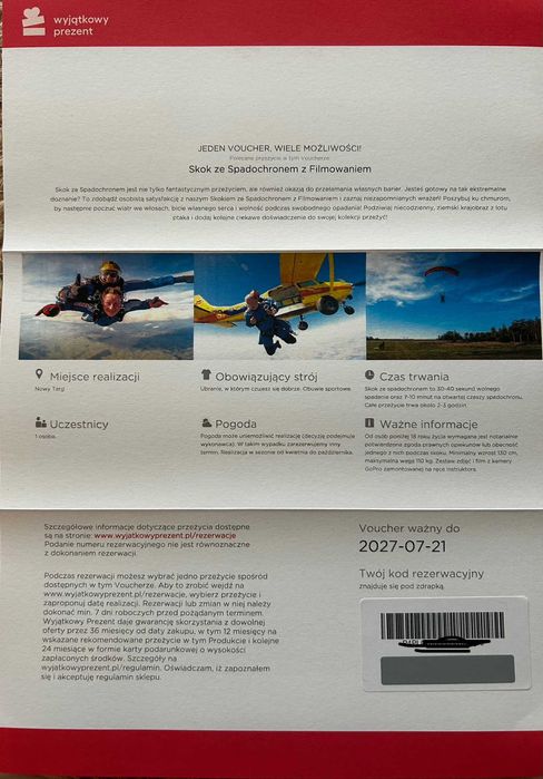 Voucher Wyjątkowy Prezent na Skok ze Spadochronem z Filmowaniem