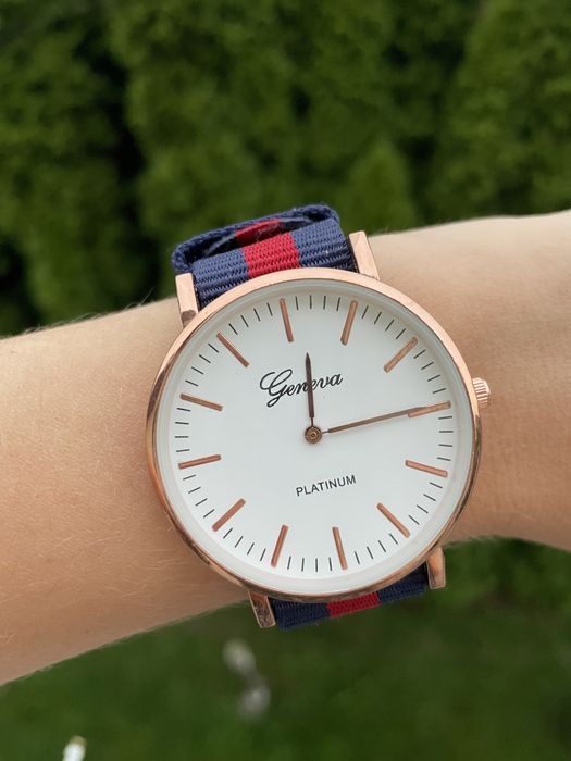 Zegarek damski Geneva platinum granatowo czerwony pasek