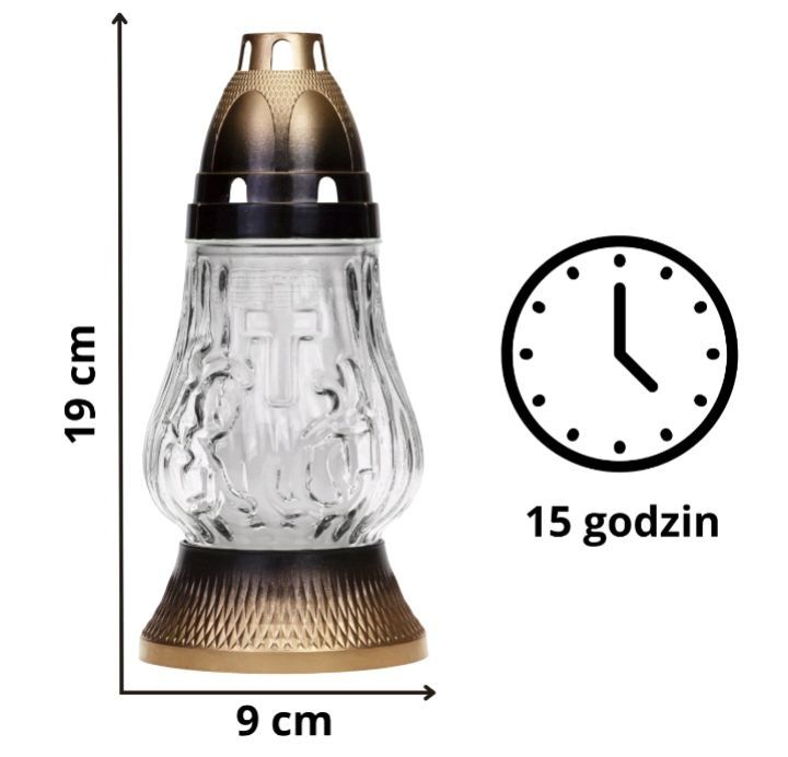 Zestaw 12 sztuk. Znicz szklany z wkładem wysokość  19 cm.