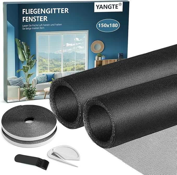 YANGTE Moskitiera okienna – 2 sztuki, 150 x 180 cm, czarna, ochrona przed owadami